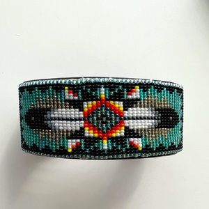 Beaded Leather Cuff with Feather Design